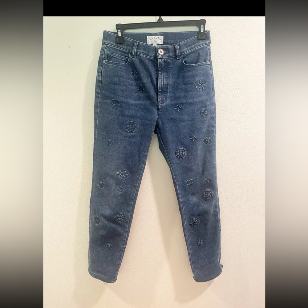 Chanel Cc 21p Women's Blue Jeans Camellia Embossed Size 38